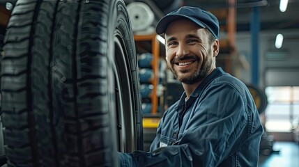 Portrait of professional mechanic and new car tires at auto repair shop, technician at auto repair service center - Powered by Adobe