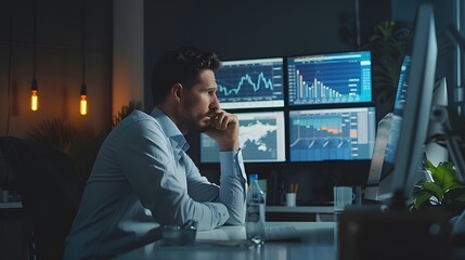 Focused analyst contemplating market data at night