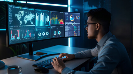 An engineer is seated at a desk with three personal computers and audio equipment, working on multimedia broadcasting using electronic display devices