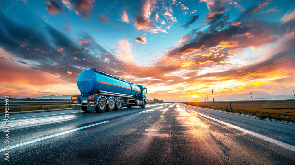 Wall mural a blue tanker truck speeds down the highway at sunset, transporting industrial petroleum products fo