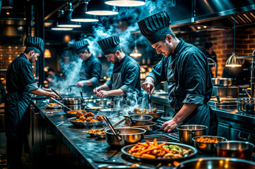 Group of chefs in kitchen cooking food on top of stove. Generative AI