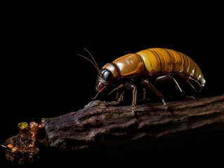 Detailed image of a mealworm turning into a beetle, capturing its transformation and pupal stage on a dark background