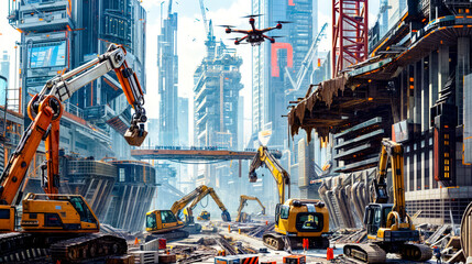 Painting of construction site with crane and construction vehicles in the foreground. Generative AI