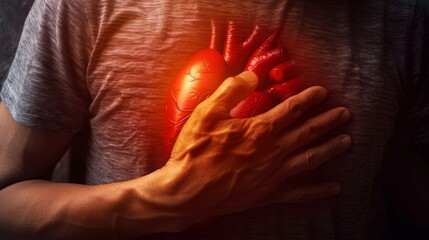 Conceptual Illustration of Chest Pain: Hand Clutching Chest with Discomfort Expression, for public health awareness, for illustrating disease symptoms