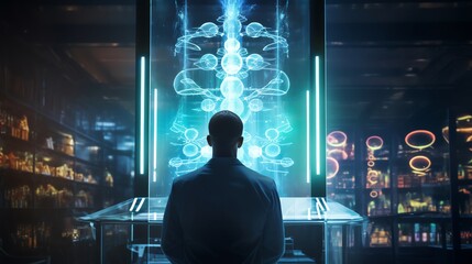 Obraz premium A scientist gazing at a large glowing hologram of a DNA helix in a dark lab visualizing future genetic breakthroughs symbolizing scientific imagination and innovation