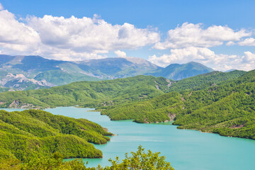 Bovilla, Albania - April 27, 2024. Attractive spring view of Bovilla Lake, Tirana city location....