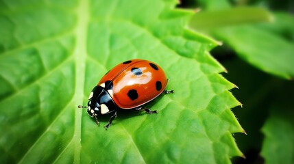 Obraz premium Closeup of a ladybug crawling on a green leaf showcasing natural pest control in a garden ecosystem