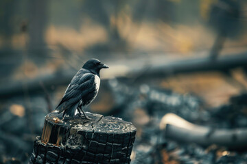 Fototapeta premium A bird perched on a charred tree stump in a forest that has been burned, searching for food.