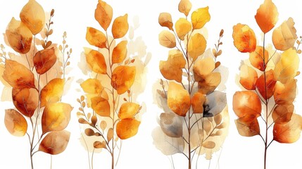 Wall art modern set of botanical drawings. Golden foliage line art drawing with watercolor. Abstract Plant Art design for wall framed prints, canvas prints, posters, home decor, covers,