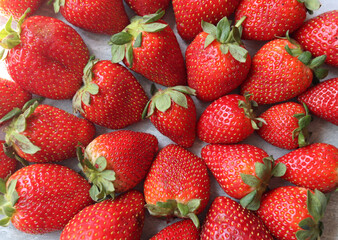 Strawberry background. Juicy organic berries close up photo. Summer fruit texture. Fresh...