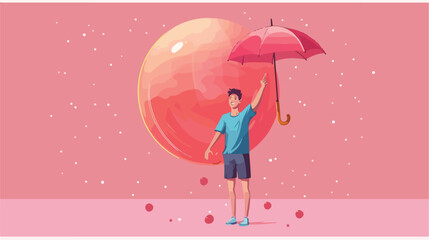 Happy young man with umbrella pointing at inflatable