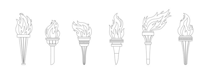 Vector burning flame torches black line set icons isolated on white background. Sport flat style games victory outline symbols collections. Winner abstract sign.