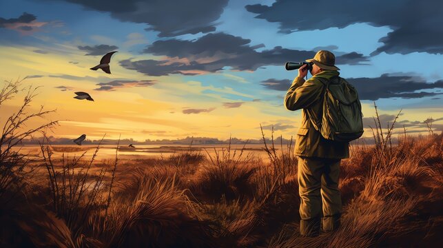 Ornithologist in field gear observing birds through binoculars in a national park early morning light