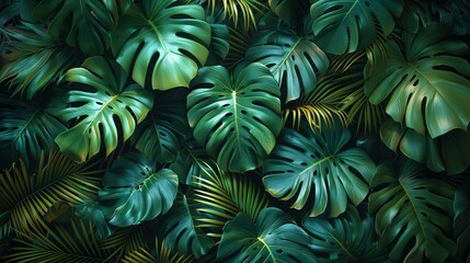 A tropical leaves background modern with watercolor art texture, palm leaves, jungle leaves, monstera leaves, exotic botanical floral patterns.