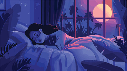 Woman with mask sleeping in bed at night Vector illustration