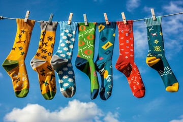a playful display of colorful socks with various patterns hanging on a clothesline against a vivid blue sky