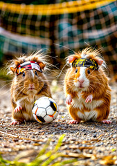 Two brown and white hamsters standing next to soccer ball on the ground. Generative AI