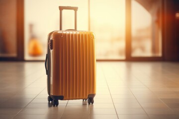 Orange modern suitcase on blurred background
