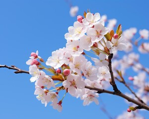 Freshly bloomed cherry blossoms against a clear blue sky, a symbol of spring and renewal