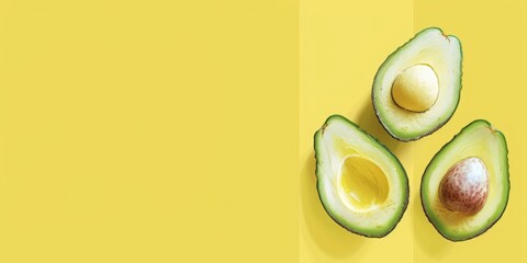 The background is completely mix Yellow and White with no texture and white A sliced avocado is in the right hand side