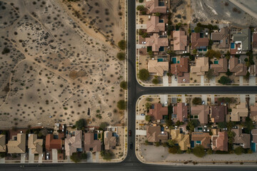 An aerial photograph illustrating the process of desertification, with urban residential areas surrounded by encroaching desert.

 - obrazy, fototapety, plakaty