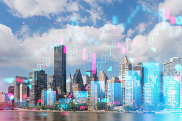New York City skyline with futuristic holographic overlays on a daytime background. Digital...