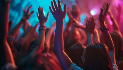 Concert Crowd with Hands Up in Neon Lights.