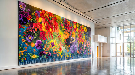 Large painting of colorful flowers on wall in room with white walls. Generative AI