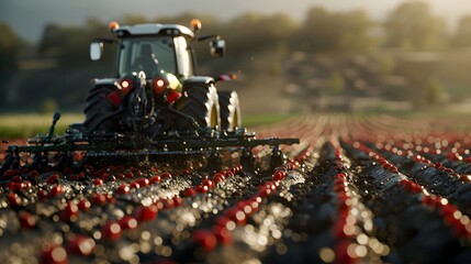 an automated seed planter in operation, capturing the machinery detail against a backdrop of freshly tilled soil