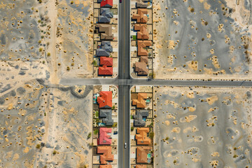 An aerial photograph illustrating the process of desertification, with urban residential areas surrounded by encroaching desert.

 - obrazy, fototapety, plakaty