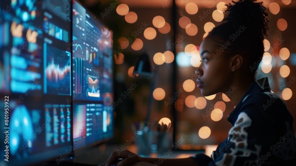 Poster professional programmer, it specialist, black woman dealing with software, coding, cybersecurity sur