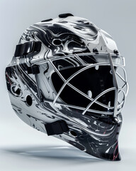 Ice hockey goalie mask 3D generated, ad mockup isolated on a white and gray background.