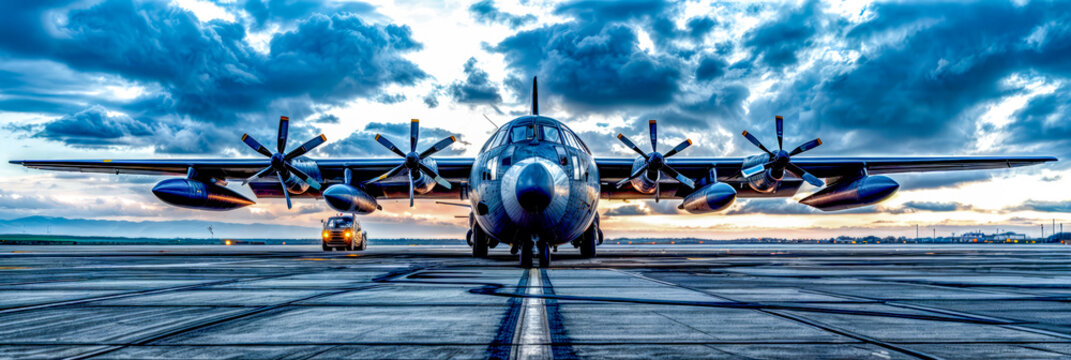 Large propeller plane sitting on top of airport tarmac at sunset. Generative AI