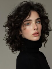 Naklejka premium Professional photograph of a pretty girl with grey eyes, black middle-length curly hair, slightly open mouth and pale skin with a rosy complexion. Dressed in a black turtleneck sweater