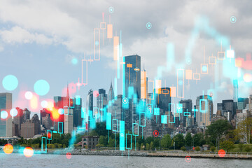 New York cityscape with futuristic hologram overlays, double exposure effect on a cloudy sky...