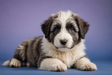 Polish Lowland Sheepdog puppy looking at camera, copy space. Studio shot.