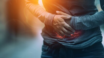 Illustrating Abdominal Pain: Person Clutching Abdomen with Symptoms of Gastrointestinal Distress, for online blogs, for medical website content