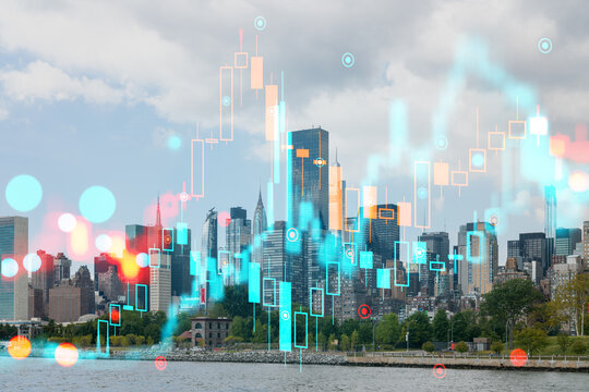 New York cityscape with futuristic hologram overlays, double exposure effect on a cloudy sky background. Graphic style and technology concept. Double exposure