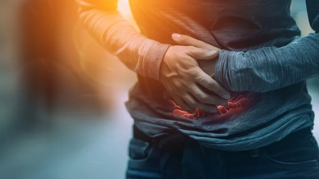 Illustrating Abdominal Pain: Person Clutching Abdomen with Symptoms of Gastrointestinal Distress, for online blogs, for medical website content
