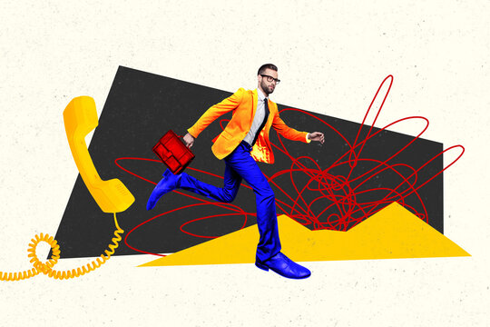 Composite photo collage of serious businessman hold briefcase run meet call operator telecommunication isolated on painted background