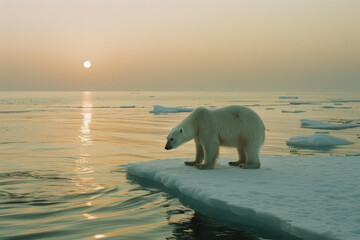 Under the setting sun, a solitary polar bear searches for food on the floating ice in the Arctic region.

