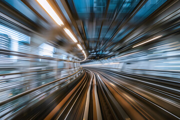 motion-blurred view from a moving train running in tunnel