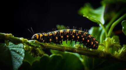 Fototapeta premium Macro view of a caterpillar munching on a leaf, capturing its segmented body and munching action against a dark background