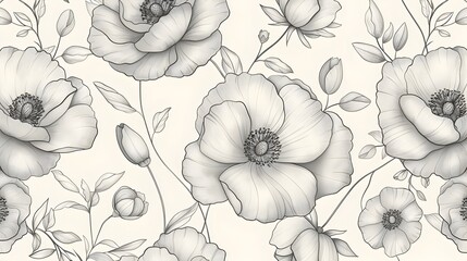 Elegant Pencil-Drawn Floral Pattern in Soft Gray and White Tones