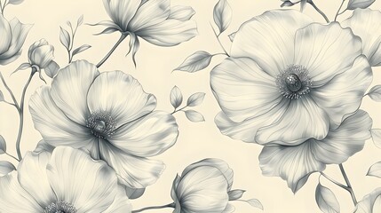 Fototapeta premium Delicate Pencil-Drawn Floral Seamless Pattern in Soft Gray and White Tones