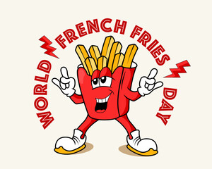 world french fries day. cartoon groovy character, vector illustration.	
