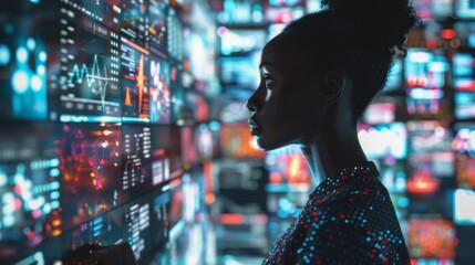 Professional programmer, IT specialist reading html script, dealing with software, coding, cybersecurity surrounded by large digital computer screens in the System Management Center
