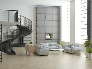 Luksusowy minimalistyczny loft salon apartament z wysokim sufitem dużymi oknami kominkiem i szarymi sofami © VILKTERIO
