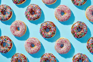Colorful Doughnuts Delight, Sweet Treats on Blue Background