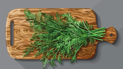 Wooden board with bunches of fresh dill on grey background